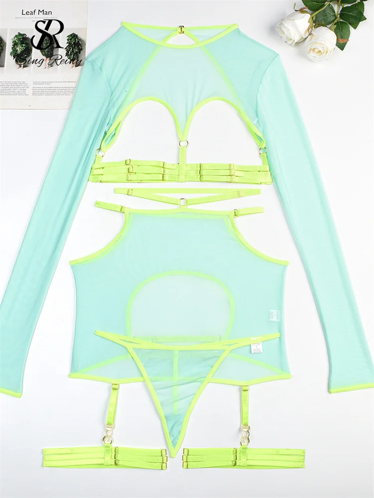 SINGREINY Erotic Sheer Sexuality Underwear Set Hollow Out Bandage Slim Women Shapewear Club Long Sleeve Lingerie 5 Pieces Suits 241205