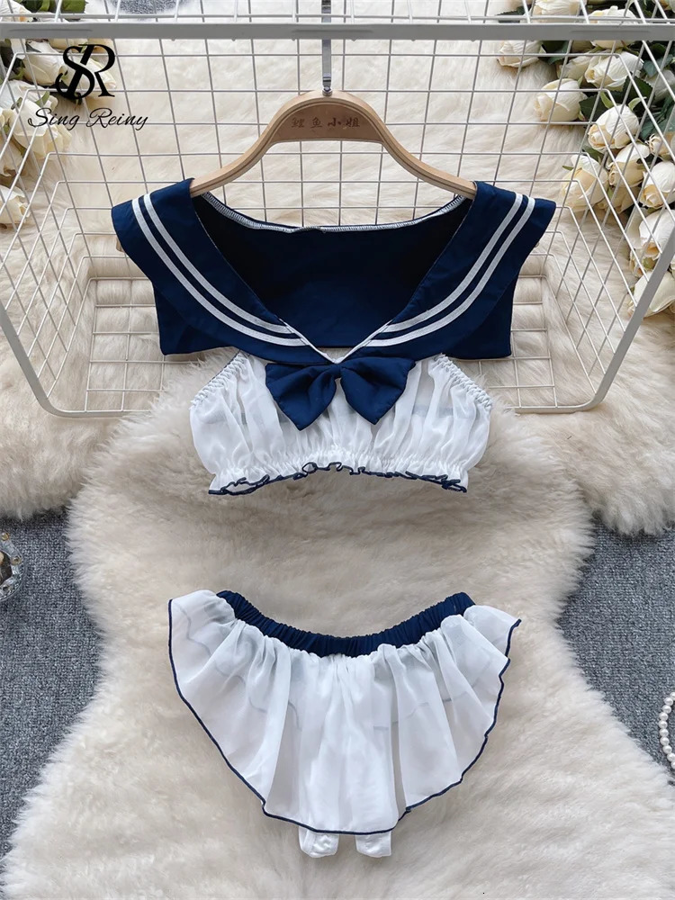 SINGREINY Bow Sheer Japan Style Erotic Suits Lingerie Women Navy Collar Sleeveless TopsChiffon Briefs Sweet Sexy Underwear Sets 241205