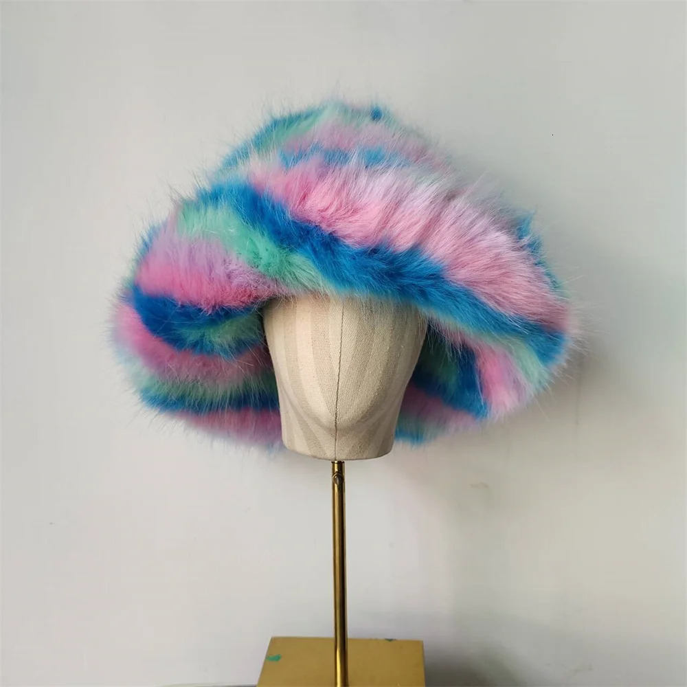 Big Fluffy Artificial Fur Bucket Hat Womens Plush Fishermans Hat Warm Winter Fishermans Hat Colorful Gorgeous 241205