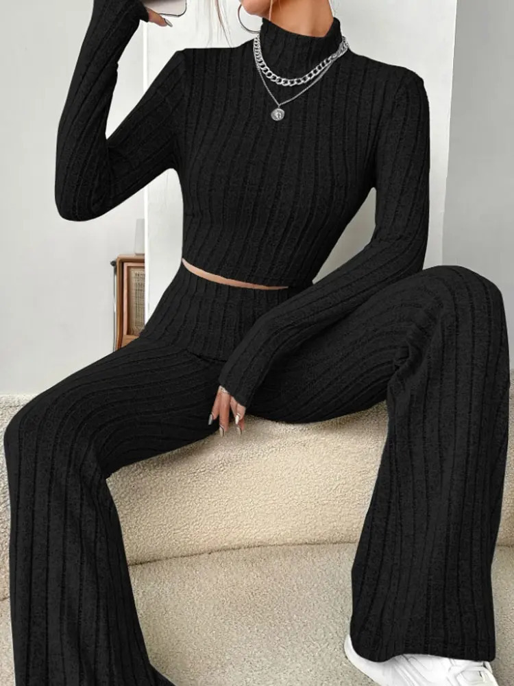 WomenS Stand Collar Knit Striped Long Sleeve T-Shirt And Pants Two Piece Set 241204
