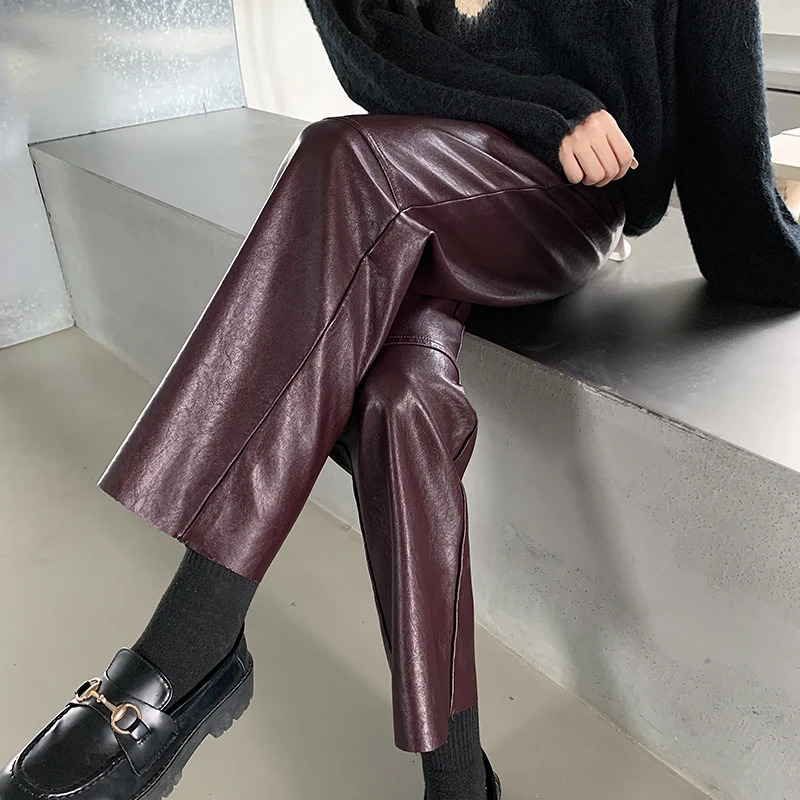 Autumn Winter Leather Pants Womens Korean Fashion High Elasticity Waist Red or Black Harem Trouthers Womens Pantalones 241202
