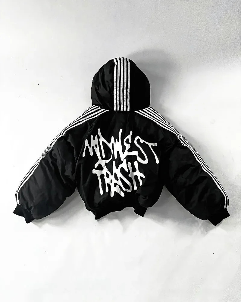 Hip hop trend Harajuku striped loose zipper coat Warm cottonpadded jacket Street fashion personality men winter 241204