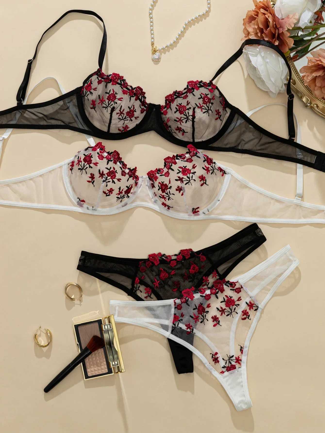 Bras Sets Women Transparent Lace Bras Sexy Lingerie Set Embroidery Soft Briefs Womens Comfy Underwear Set Female Intimates 2024XJ241205