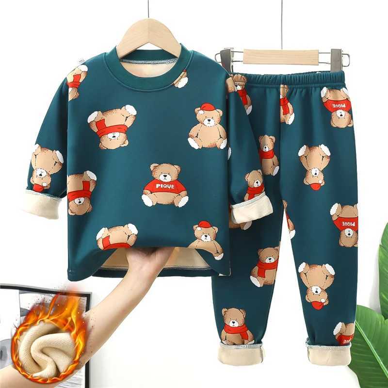 Pajamas Kids Warm Pajama Sets Autumn Winter Plus Velvets Clothing Suits Boys Girls Fashion Print Pullover+Pants 2Pcs Outfits 1-14 Years H241205