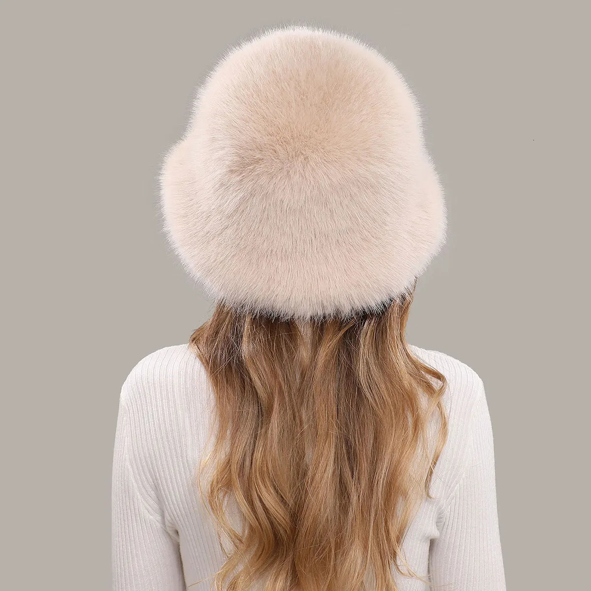 womens fluffy faux fur bucket hat fox fur warm womens winter hat thickened cold snow Panama hat 241205
