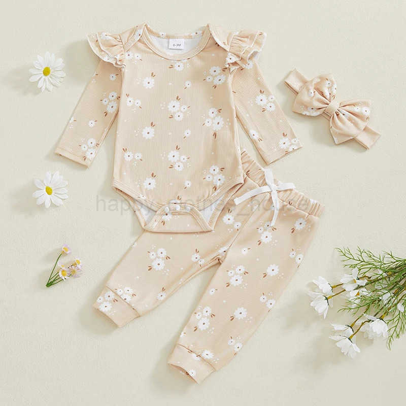 Baby Spring Autumn Clothing Sets Toddler Infant Girls Clothes Long Sleeve Flower Print Romper + Pants + Headband OutfitsXJ241205