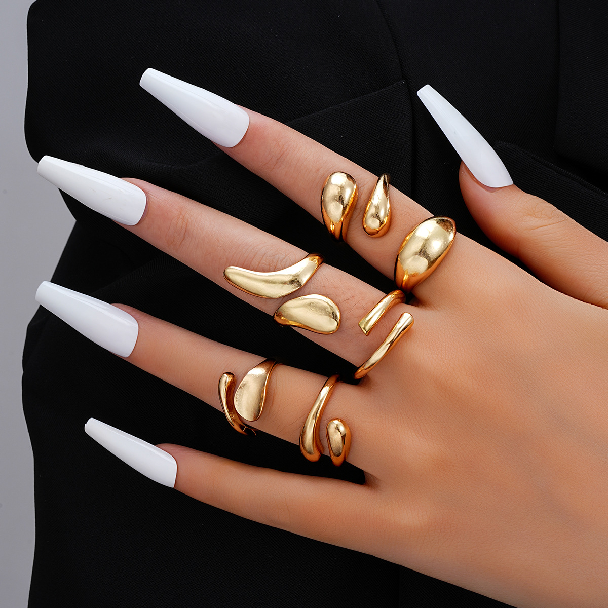 Explosive irregular droplet ring, niche metal texture smooth ring, exaggerated geometric opening ring, 6-piece set