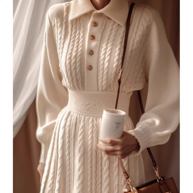 Autumn and Winter Fashion Solid Thick Warm Thread Knitted Dress Womens Clothing Elegant Slimming Collar Wool Dress 241205