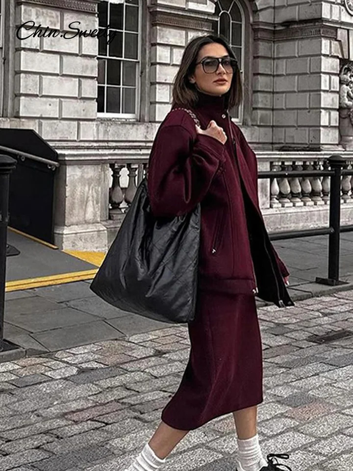 Fashion Loose Baseball Jacket Women Autumn Casual Oversized Zipper Pockets Wine Red Bomber Coat Vintage Thick Warm Outwear 241205