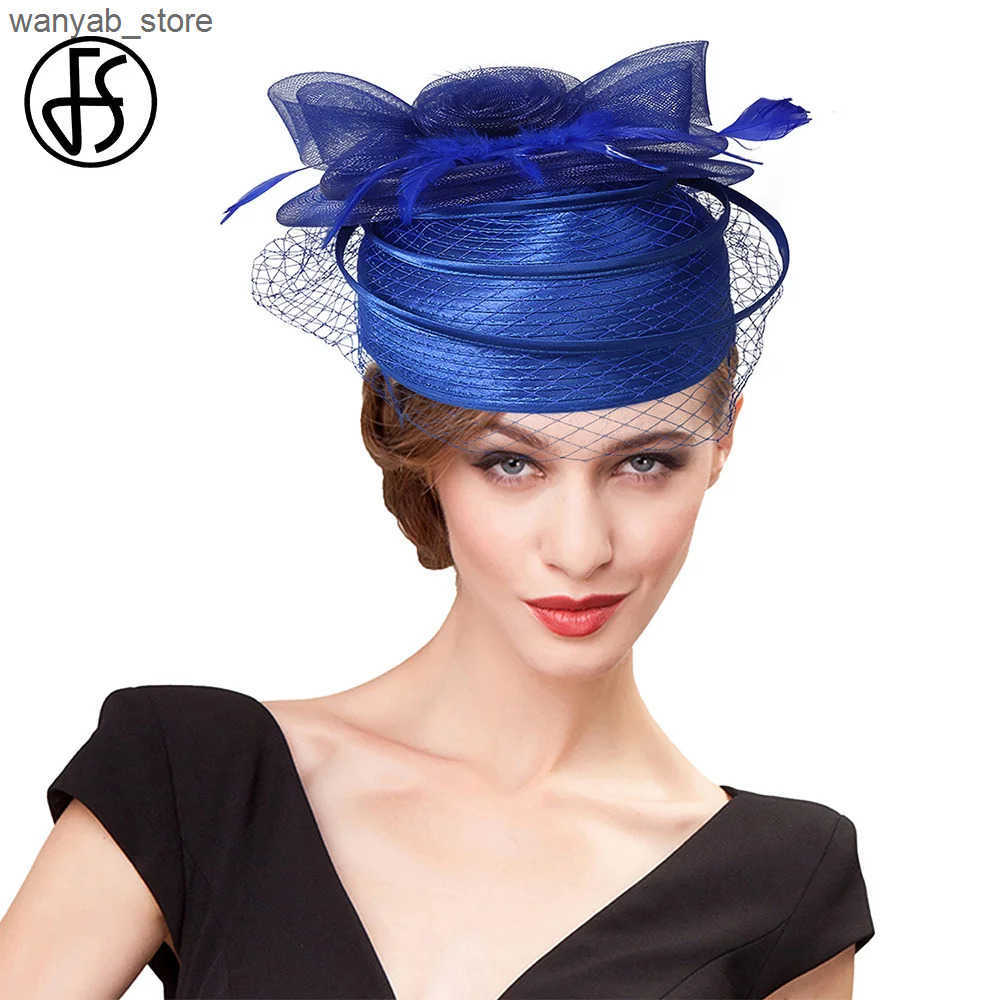 Cloches FS 2024 Wedding Church Red Hat Womens Feather Veil Cocktail Party Headwear Elegant Womens Kentucky Derby Hat L240910