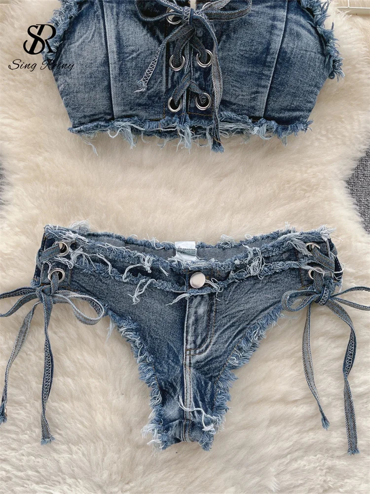 SINGREINY Retro Women Bikini Denim Suits Summer Halter Camis Mini Pant Lingerie Fashion Vacation Swimsuits Sexy Bra Briefs Sets 241205