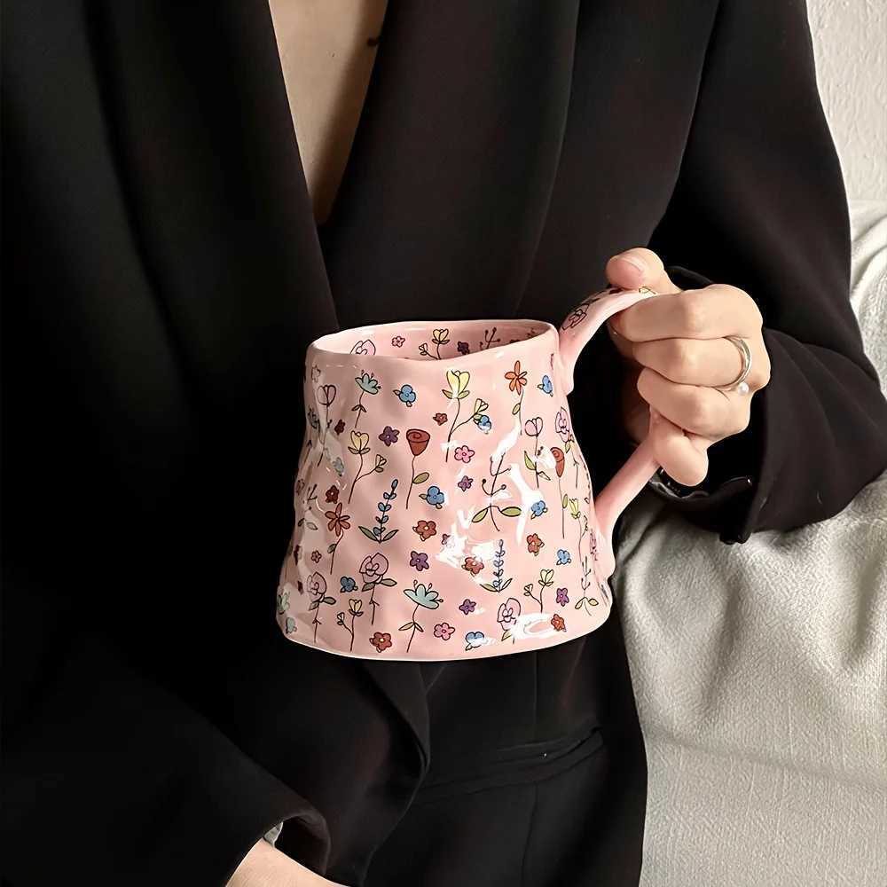 600ml/21oz Ceramic Coffee Mug with Floral Design Heat-resisting Water Cup Reusable Hot and Cold Beverages Ideal for Couples CupXJ241205