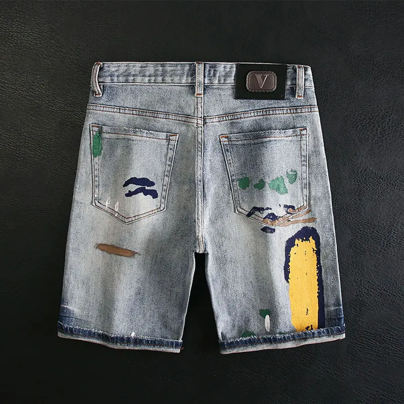 Street Fashion Men Jeans Summer Retro Blue Stretch Slim Fit Ripped Short Jeans Painted Hip Hop Denim Shorts Men 241205