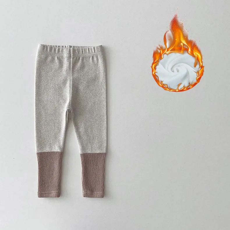 Autumn Winter Boy Girl Children Ribbed Fleece Warm Leggings Baby Cotton Splicing Casual Pants Fashion Infant Plus Velvet Trouser 241204