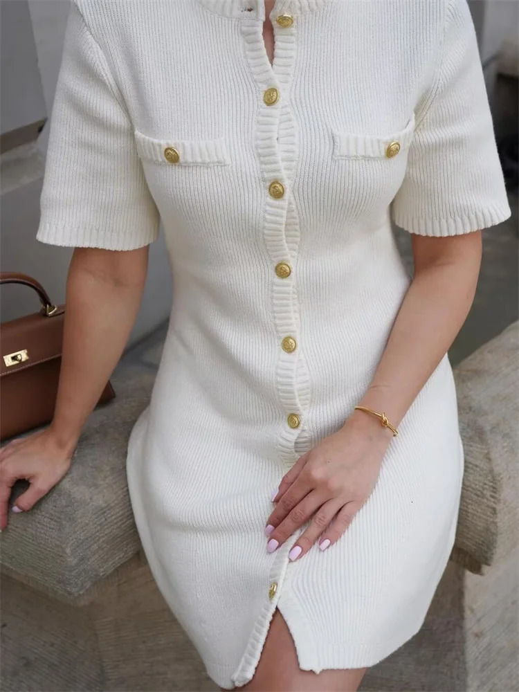 Tossy White Knit Mini Dress For Women Fashion Short Sleeve Patchwork Pocket Loose Elegant Dress Womens Knitwear Mini Dress 2024 241204