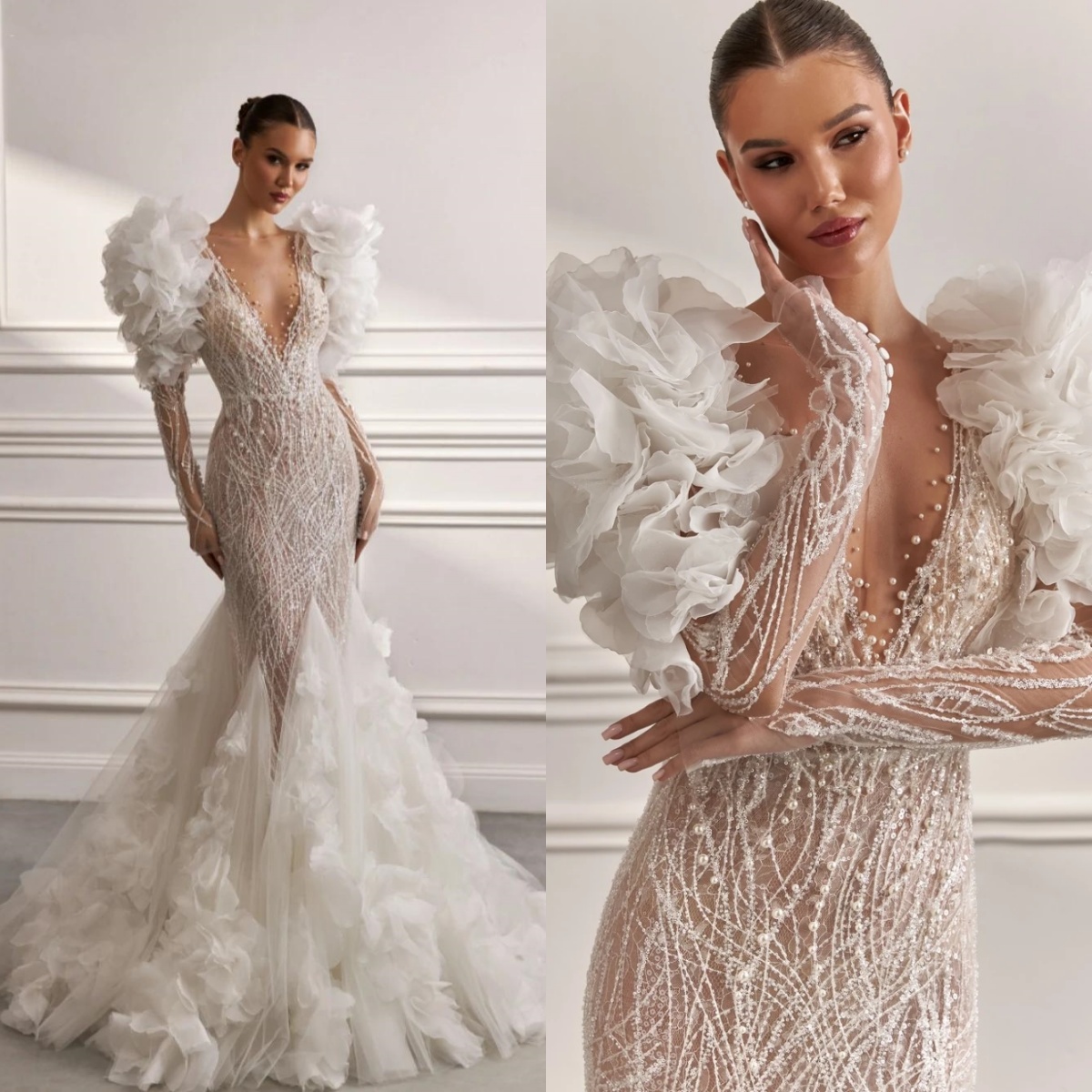 Designer Pleat 3D wer Bride Robe Illusion Mermaid Bridal Dress Shiny Beads Pearls Wedding Gown Customized Vestido De Novia