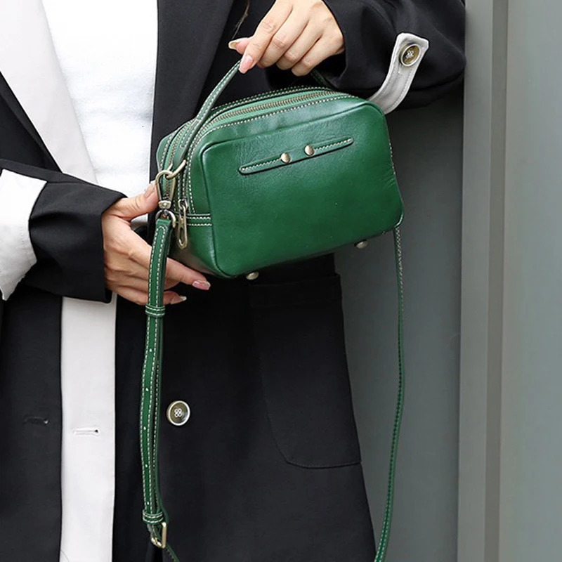 2 Zipper BagsVegetable Tanning Leather Bag Real Cow SkinWomen Genuine Shoulder Messenger Cross body BagD376 241204