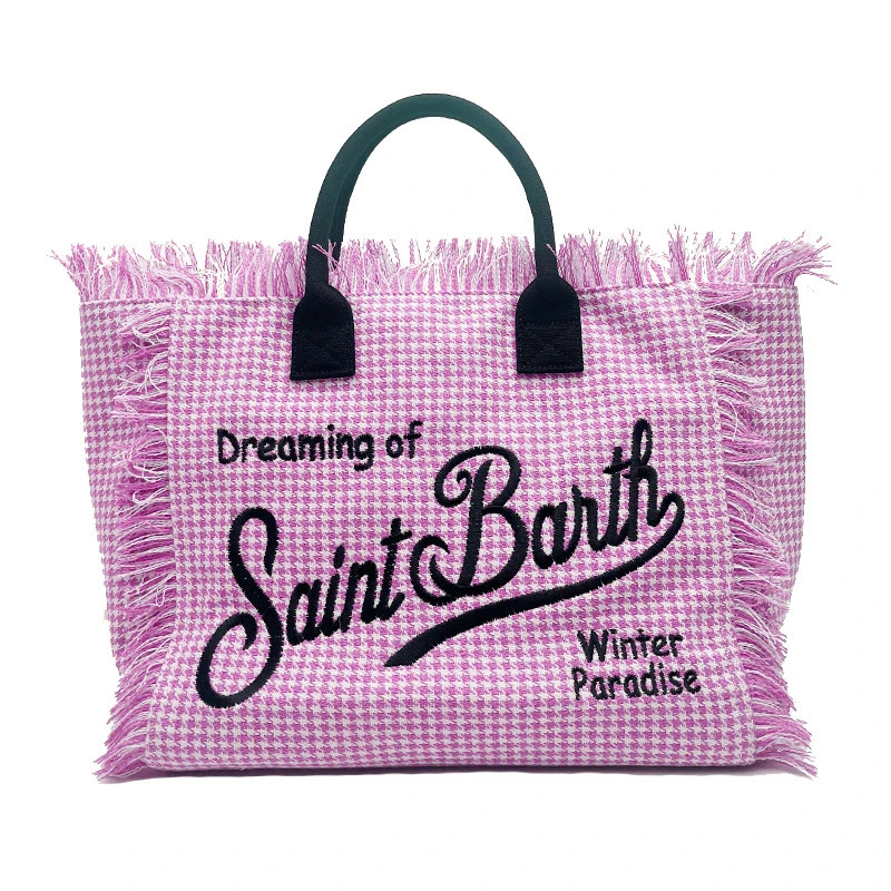 Fashion Street Bag y Woman Tassel Handbag Cotton Linen Houndstooth Stripe Pink Beach High Capacity Shopper 241204