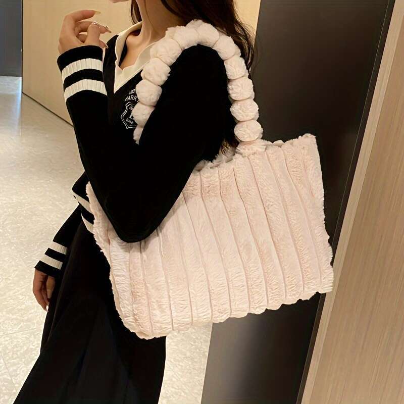 urious Solid Color Fluffy Plush Tote Bag Spacious, Lightweight, Handheld or Shoulder-Worn - Perfect for Autumn, Winter, Travel, Vacations, Shopping, a