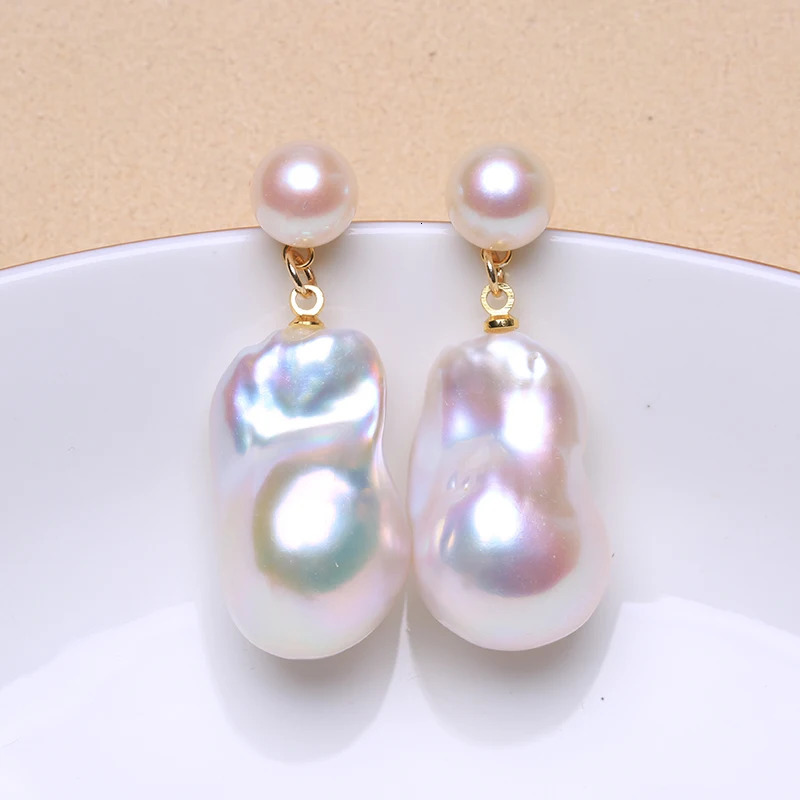 100% natural freshwater double pearl Baroque pearl earrings made of 925 pure silver and fine gemstones suitable for women aged 8-9mm and 15-25mm EAE 2