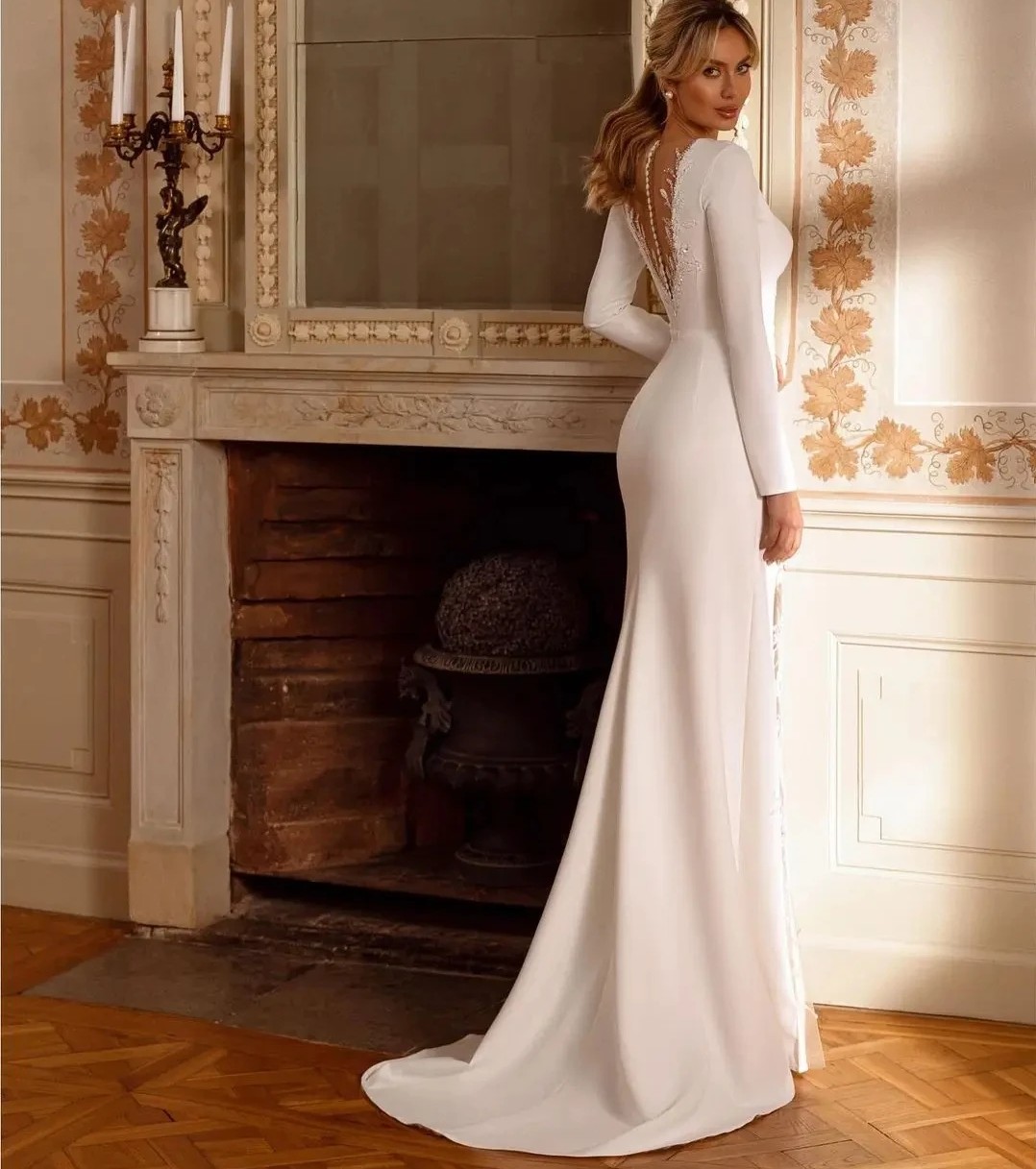 Mermaid Sexy Wedding Dresses V Neck Lace Beads Appliques Long Seeves Satin Bridal Bride Gowns Vestidos De Noiva estidos