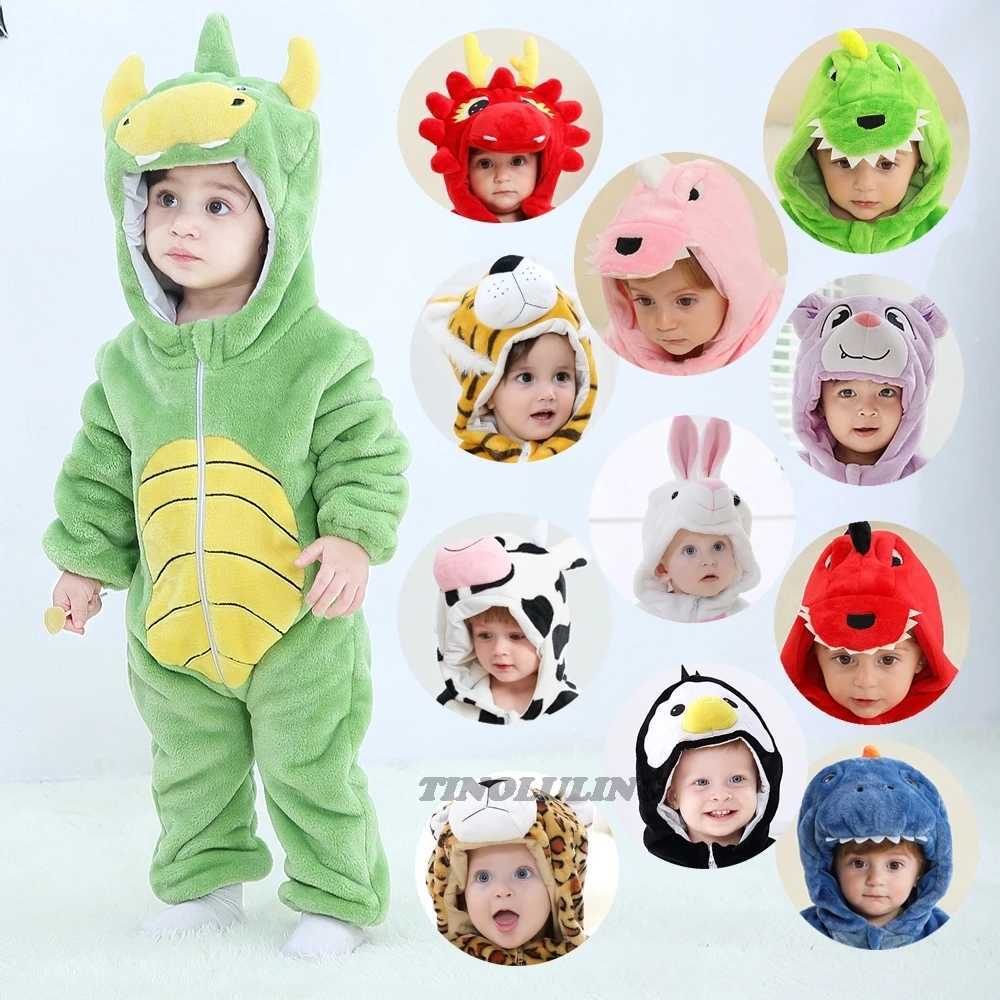 Pajamas Kids 0 to 1 2 3 4 Years Dinosaur Kigurumi Pajamas Winter Baby Girl Clothes Rabbit Cow Bodysuits Toddler Hooded Pijamas H241205