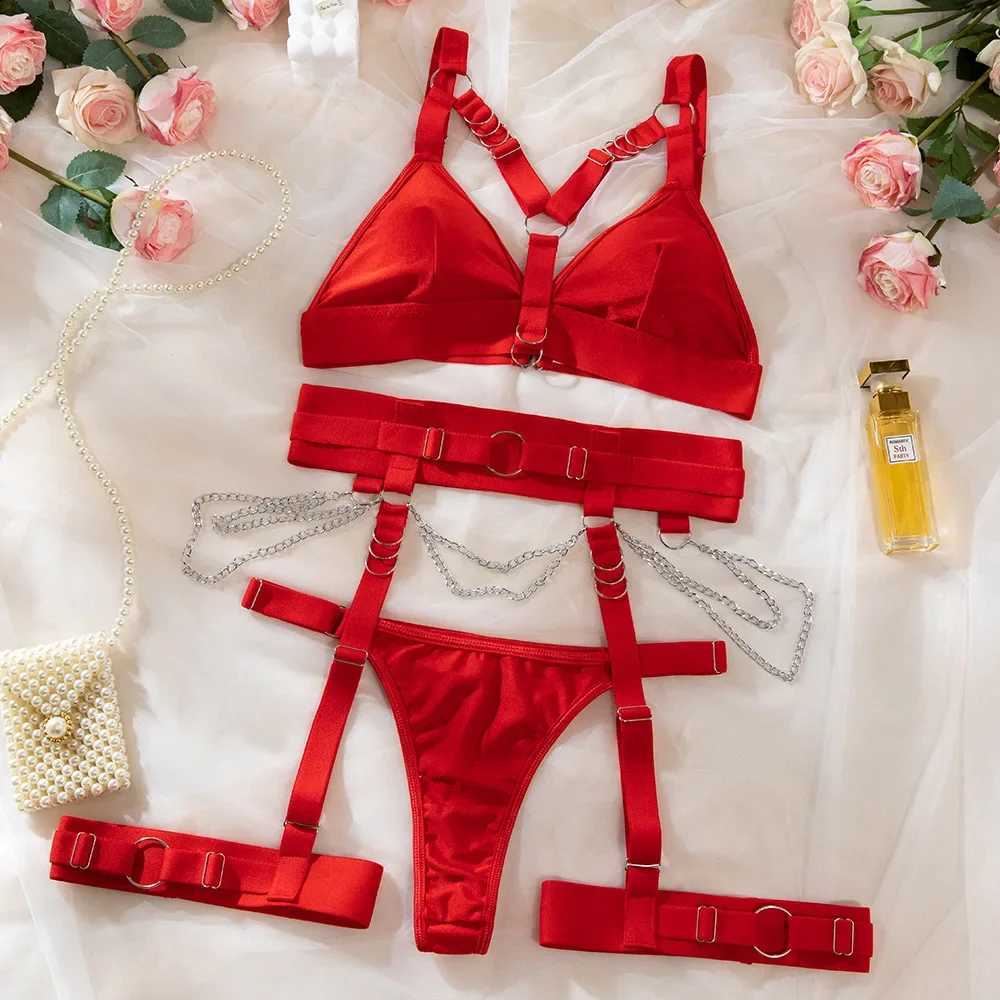 3 Piece Sexy Body Harness Belt Lingeries Sets Exotic Hollow Out Metal Chain Garter Belt Latex Underwear Outfit Bra And Panty SetXJ241205