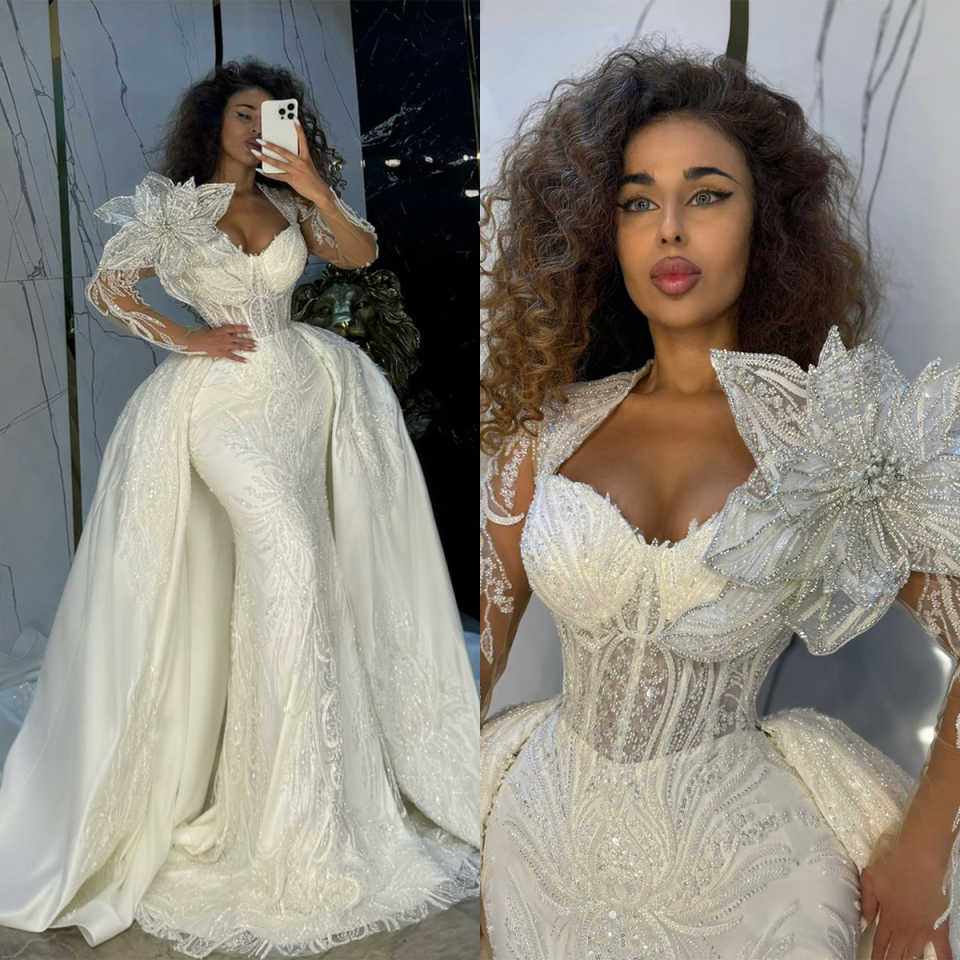 Modern Lace Sequined Mermaid Wedding Dresses Women Glitter Beading Floral Appliques Bride Dresses Customized Bridal Gown