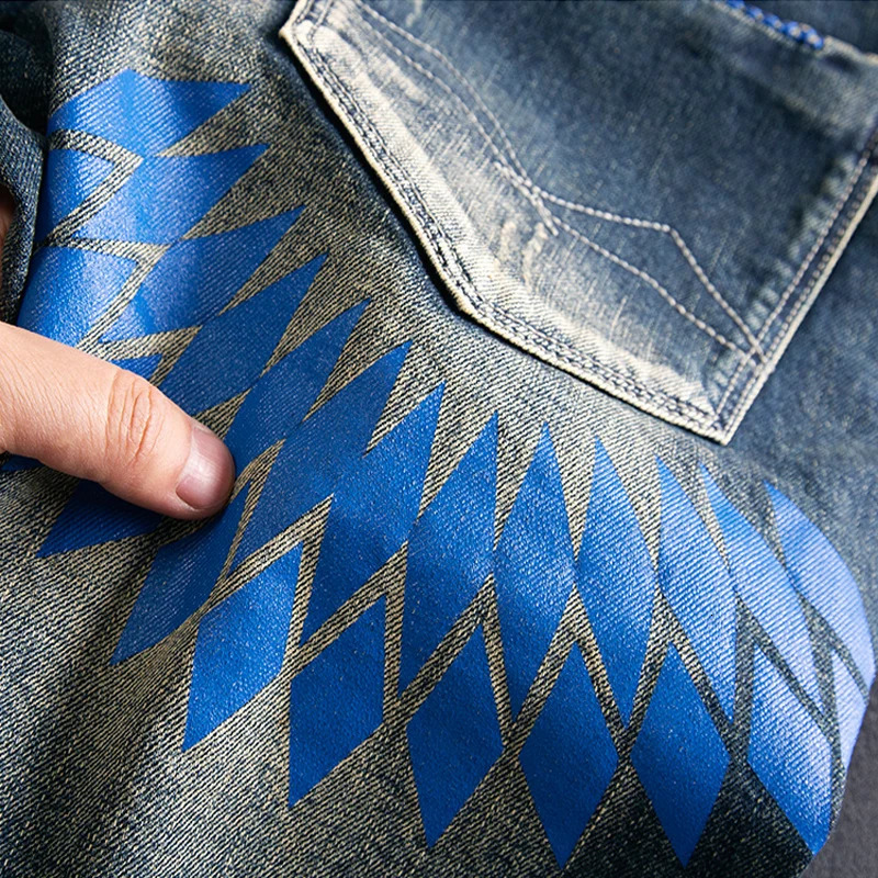 Summer Vintage Fashion Men Jeans Retro Washed Blue Stretch Slim Fit Ripped Short Jeans Printed Hip Hop Denim Shorts Men 241205