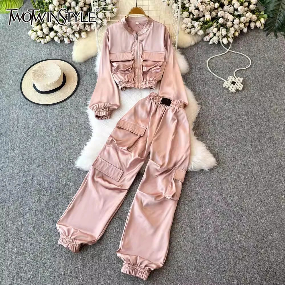 TWOTYLE Streetwear Two Piece Set For Women Round Neck Long Sleeve Coat High Waist Cargo Pant Loose Sets Female KSE513185 241205