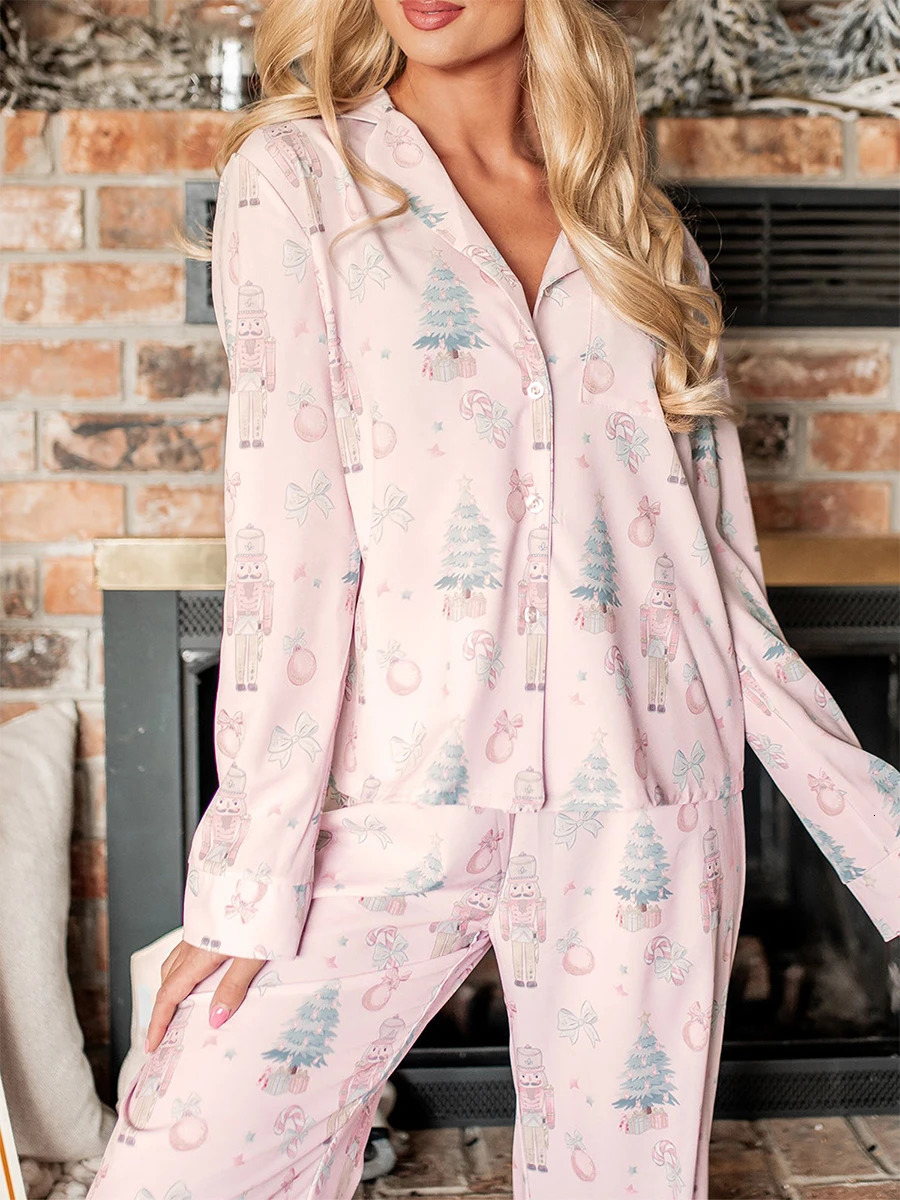 Women Xmas Pajamas Sets Long Sleeve Sleepwear Lounge Holiday Christmas Print Two Piece Pjs Pants Set Homewear 241204