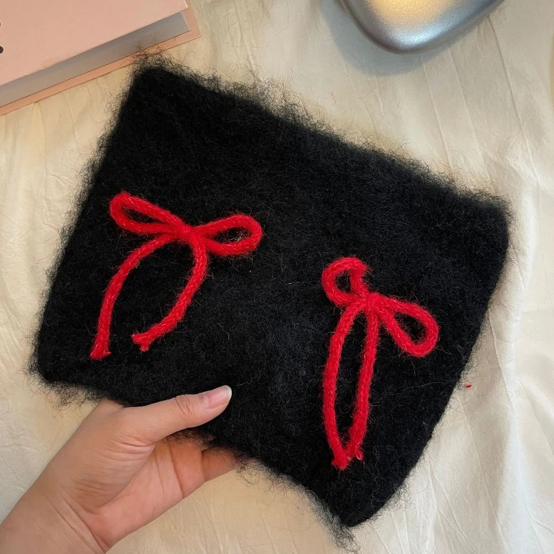 Mohair Double Bow Cute Knitted Hat for Womens Autumn and Winter Handmade Warm Ear Protection Cat Ear Skull Bean Hat from South Korea 241205