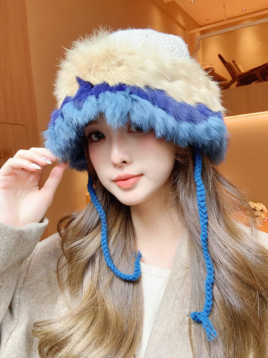 Autumn and Winter Dopamine Stripe Patch Colorful Rabbit Hair Handmade Knitted Hat Womens Display Mini Winter Warm Hat 241205