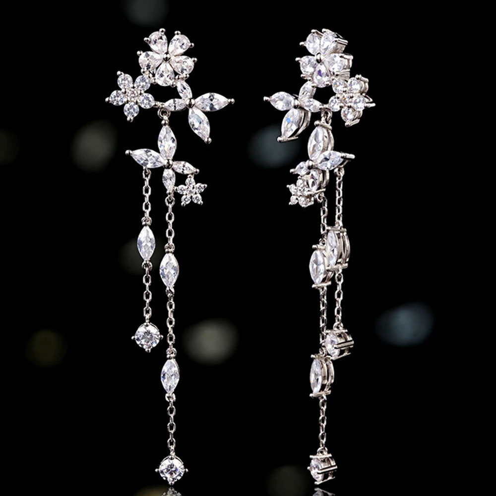 Wong Rain Romantic 925 Pure Silver Flower Laboratory White Sapphire Gemstone Tassel Pendant Earrings Jewelry Anniversary Gift 241205