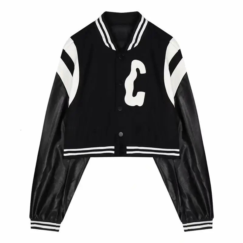 Jackets Womens Bomber Black Coats Leather Baseball Short Coat Y2k Jacket Woman Goth Clothing Streetwear 241205