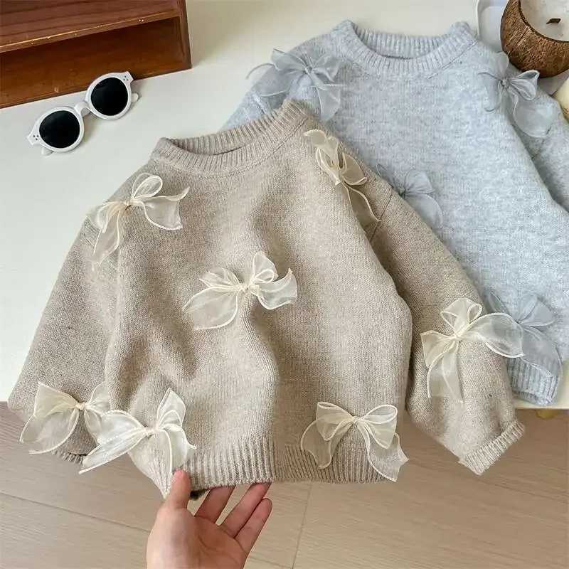 Korean Childrens Clothing Autumn New Girl Baby Solid Bow Sweater Winter Fashion Sweet Childrens Princess Knitted Sweater W241205