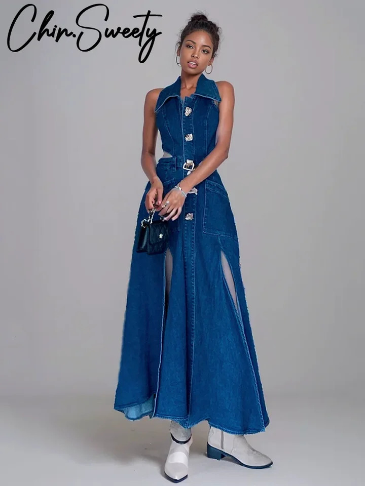 Sexy Denim Hollow Out Dress Women Sleeveless Turndown Collar Side Split Long Dresses Female 2024 Summer Lady Robe 241204