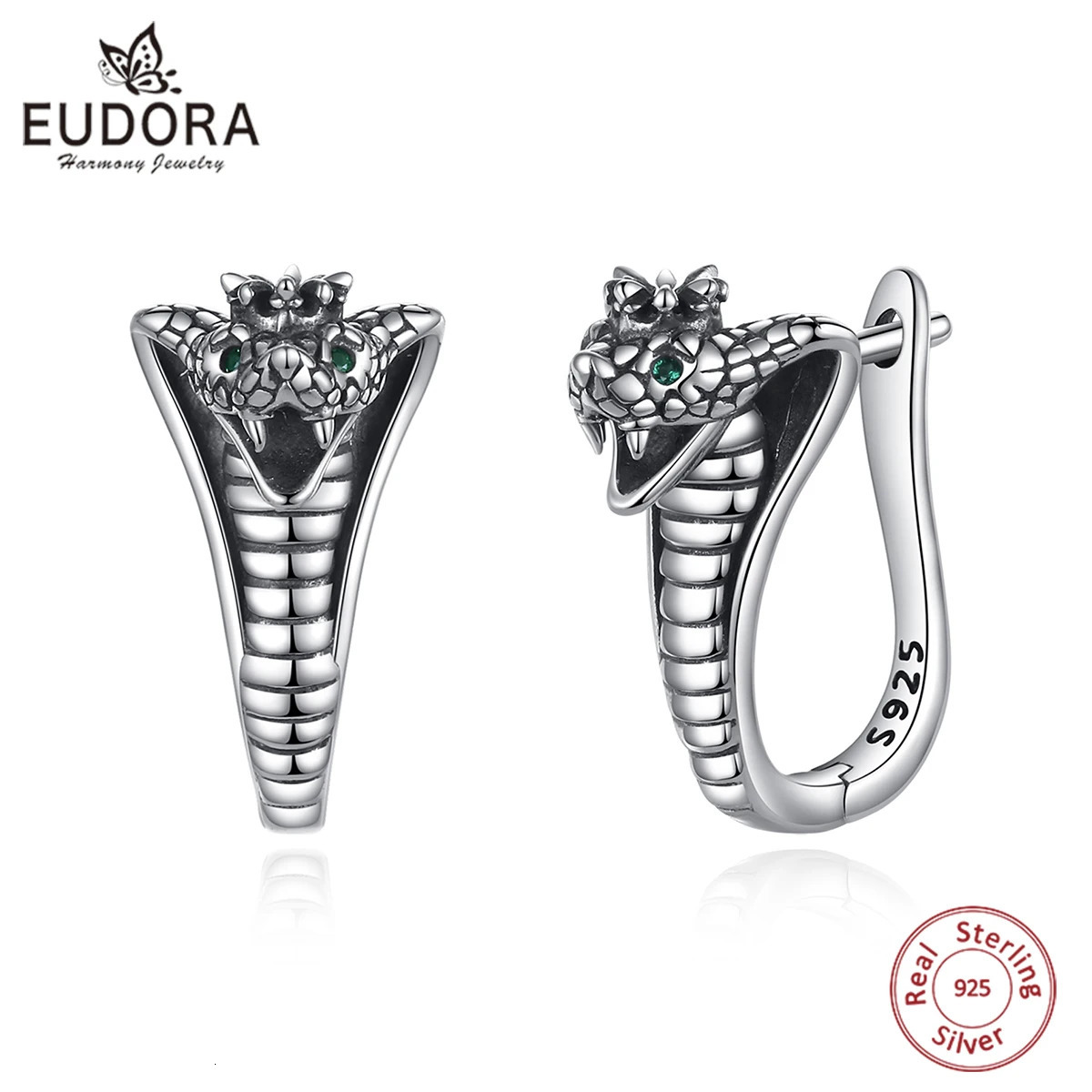 Eudora Real 925 sterling silver snake round earrings with round hoops and retro textured snake earrings suitable for women and men. Exquisite jewelry 