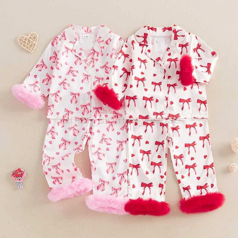 Baby Girl Silk Pajamas Set Floral Girl Button Down Feather Trim Sleeve Shirts and Pants Valentines Day Satin Pj SetsXJ241205