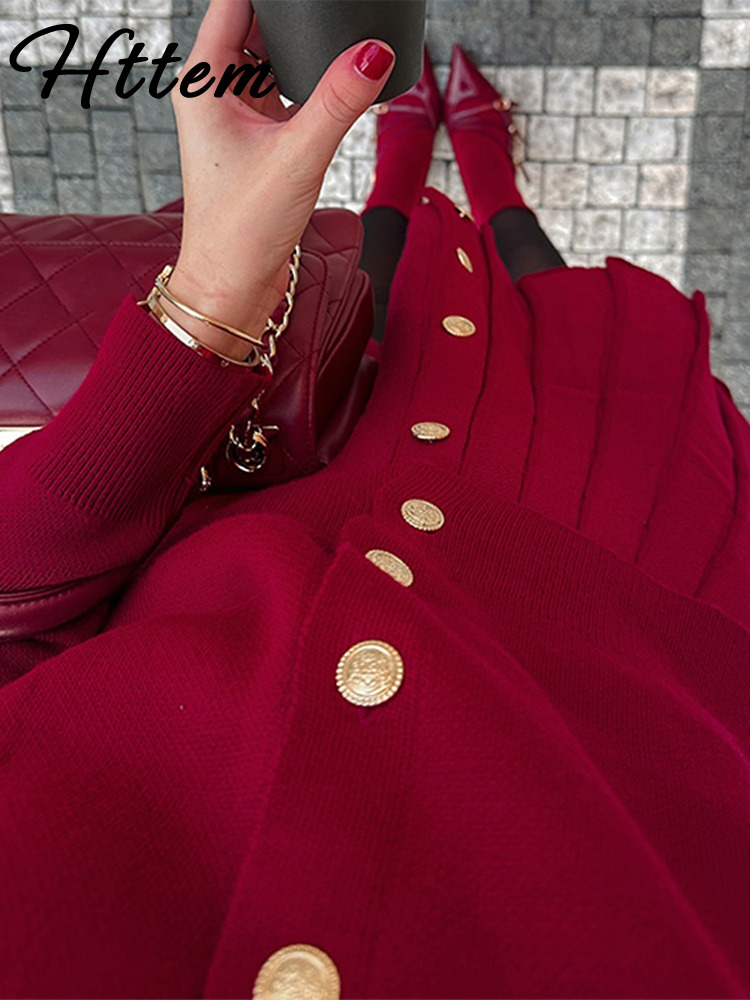 Elegant Button Coat Mini Skirt Women Set Slim Bury Red O-Neck Single Breasted Top Skirts Sets 2024 Autumn New Lady Outfits