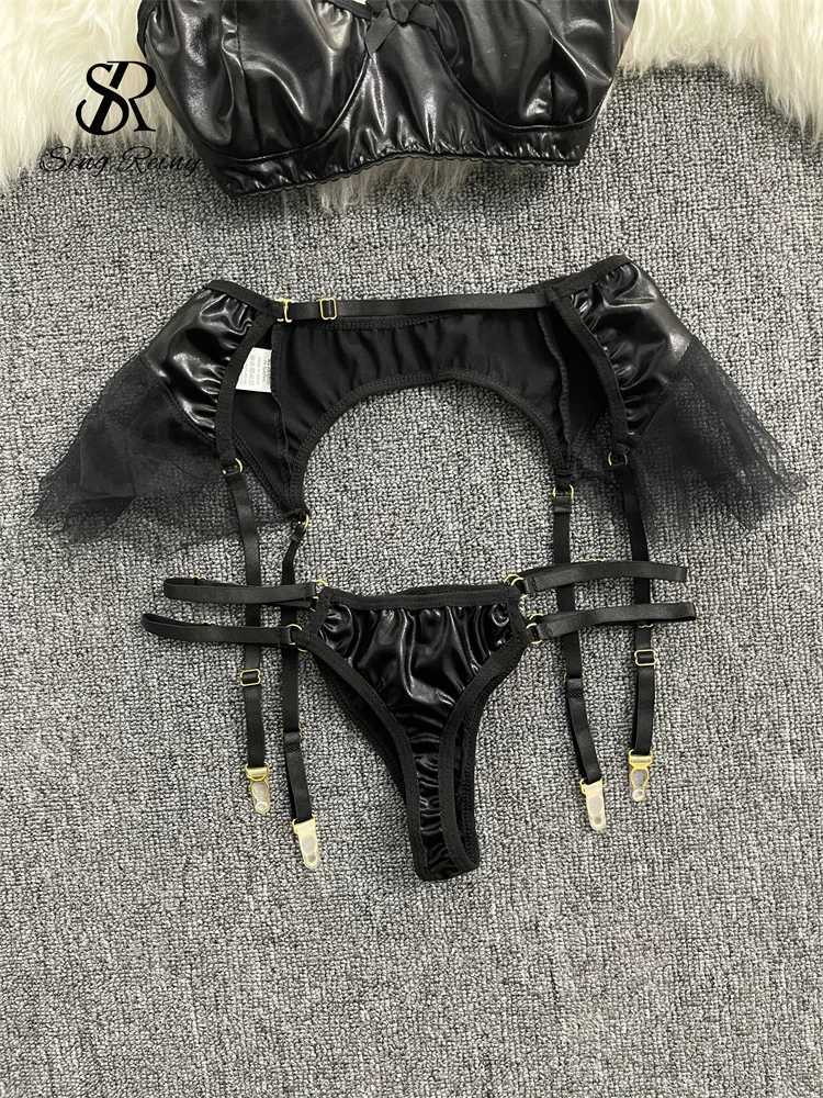 SINGREINY American Erotic Underwear Three Pieces Sets Ladies 2024 Y2K Sensual Garter Hollow Out Leather Sexy Lingerie SuitsXJ241205