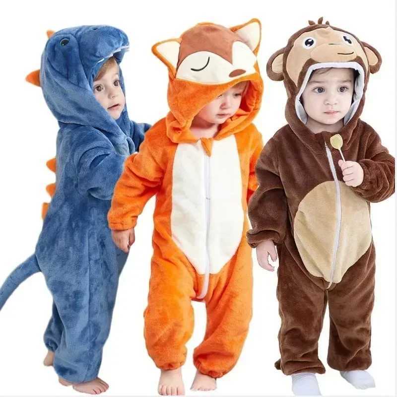 Pajamas Baby Girls Onesie Kigurumi Monkey Cow Lion Animal Cosplay Costume Winter Flannel Jumpsuit 1 to 4 Years Kids Boys Pajamas H241205