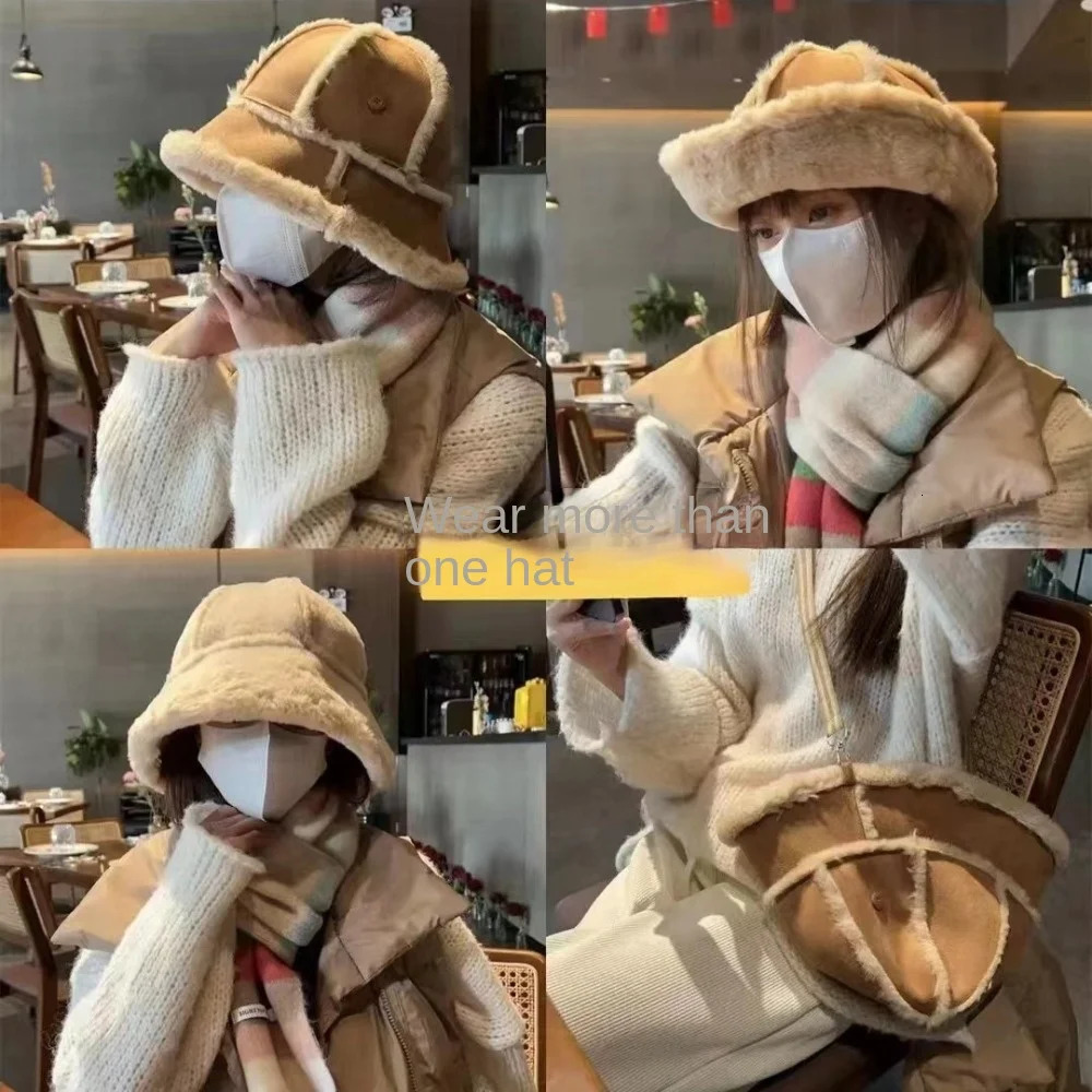 Plush double-sided fishermans hat warm cotton thick winter earmuffs octagonal hat with shoulder straps 241205