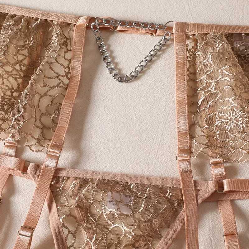 Bra + Panties + Garter + HemlineNew Lace Transparent Push Up Lingerie Sets For Women Sexy Sleep Hollow Out Chain UnderwearXJ241205