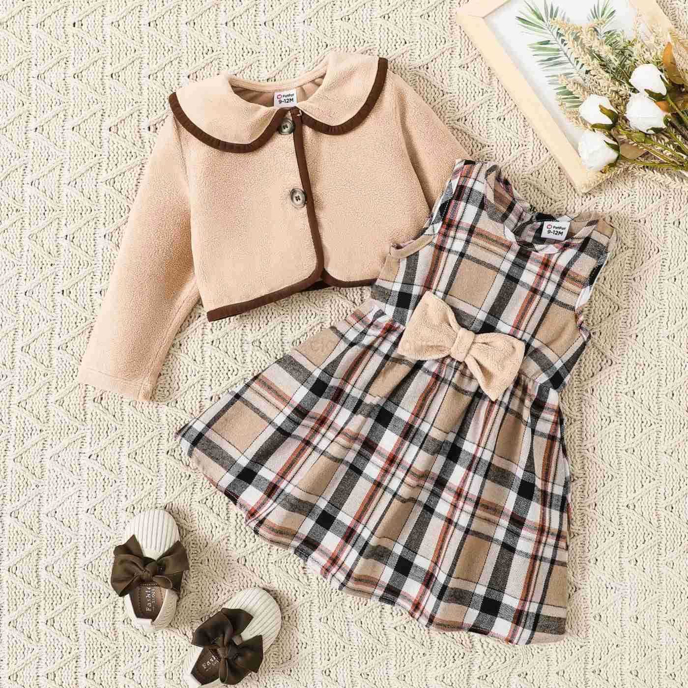 2PCS Baby Girl Hyper-Tactile Design Grid/Houndstooth School Dress Set Hyper-Tactile / 3D Casual/OutdoorXJ241205