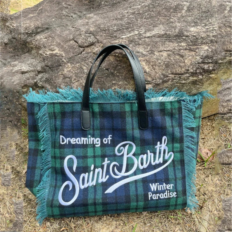 Casual Bag Women Tassel ner y Houndstooth Stripe Canvas Handbags High Quality Large Shopping Letter Beach 241204