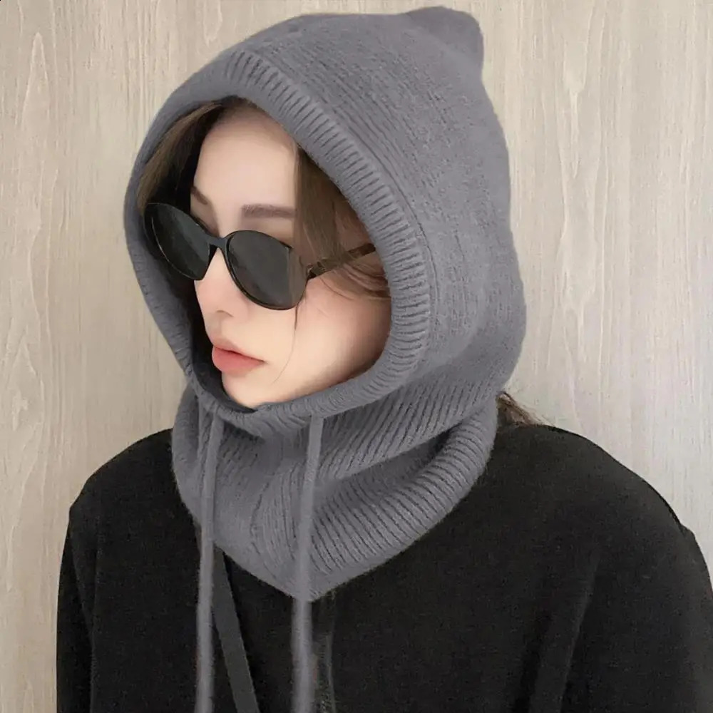 Neutral adjustable elastic Balaclava hat warm ring scarf Beanie hat womens windproof hooded collar knitted hat 241205