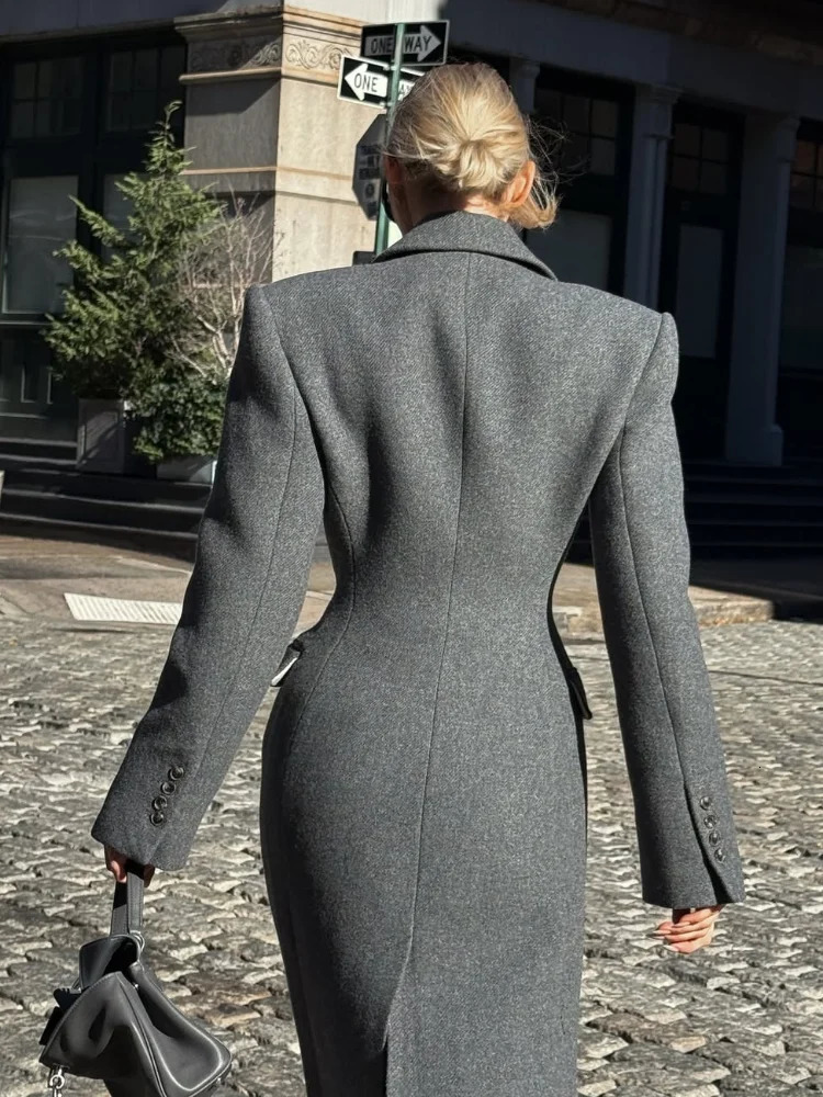 2024 Burgundy Fashion Slim Fit Womens Woolen Overcoat Elegant Lapel Button Down Flap Pockets Jackets Female Chic Street Outwear 241204