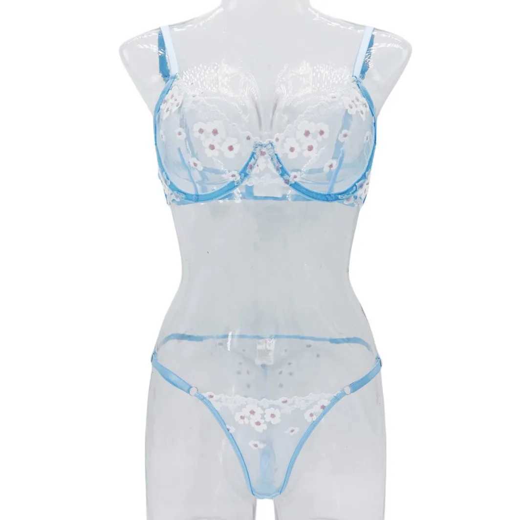 Sexy Lingerie Women Embroidered s Transparent Underwear Blue Fairy Brief Delicate Bra Push Up Breves Erotic Sets Thin BrasXJ241205