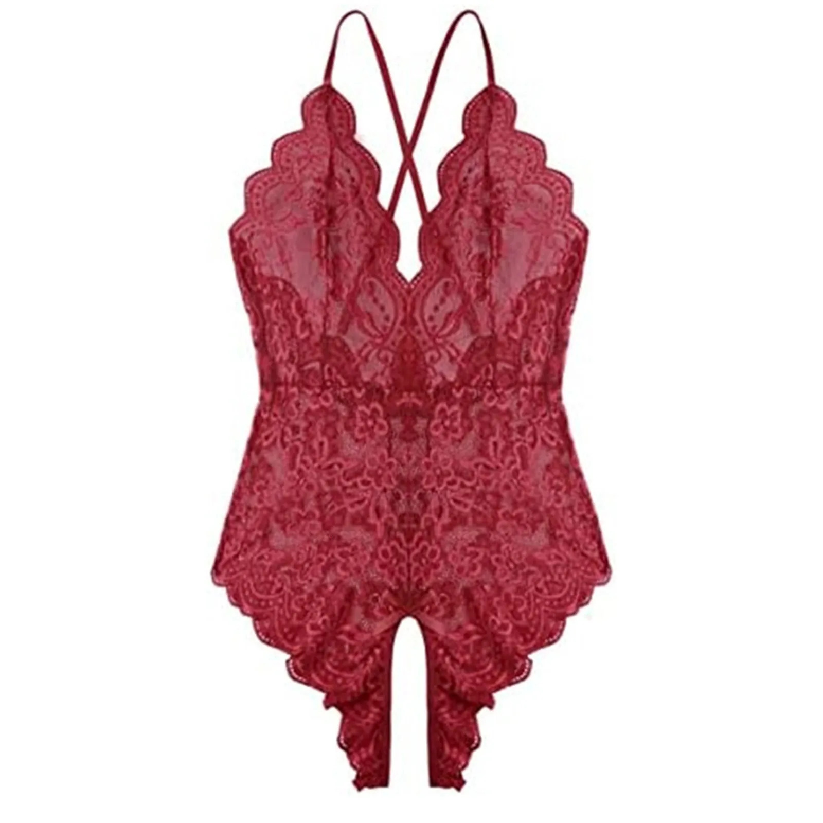 3XL Lace UltraThin Sexy Lingerie Romper For Women Open Crotch Sheer Mesh Jumpsuits Solid Color Deep V-Neck Underwear 241205